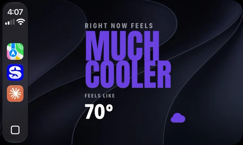 Thermo Diem full screen in CarPlay: right now feels much cooler, feels like 70 degrees.