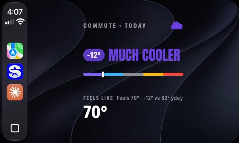 Thermo Diem commute view in CarPlay, showing minus 12 degrees, much cooler, and the seven colour scale.