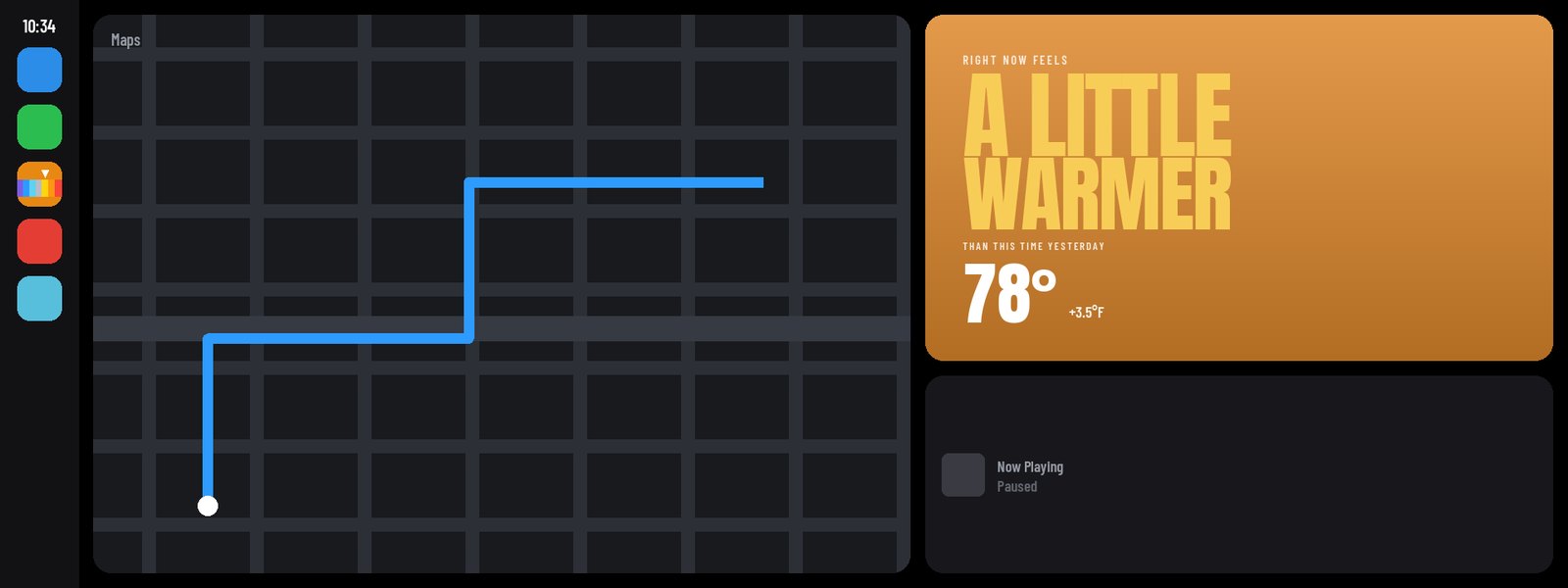 CarPlay dashboard showing the ThermoDiem widget beside Maps, reading a little warmer than this time yesterday, 78 degrees.