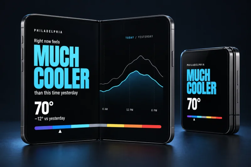 Concept mockup of Thermo Diem on an open foldable phone, with a Much Cooler reading beside a today-and-yesterday comparison chart, and a compact reading on a closed phone.