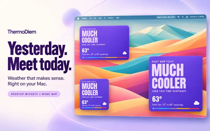 Thermo Diem widgets on a Mac desktop with the temperature comparison also visible in the menu bar.