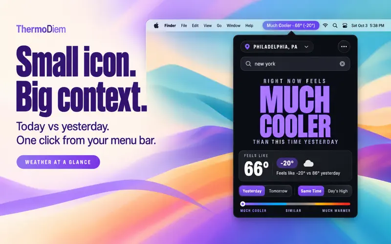 Thermo Diem's Mac menu bar reading and popover showing Much Cooler, a feels-like temperature of 66 degrees, and yesterday and tomorrow comparisons.